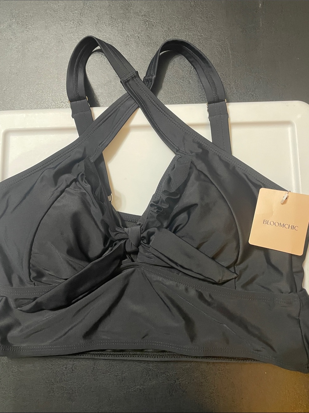 Bloomchic Women's Black Knot-Front Swim Top Sz. 12 NWT adjustable straps